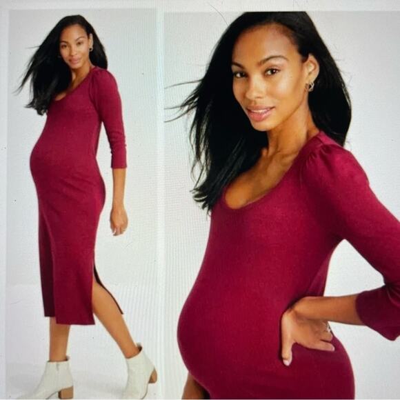The Nine by Hatch Maroon Ribbed Long Sleeve Bodycon Maternity Dress XS - Picture 1 of 7